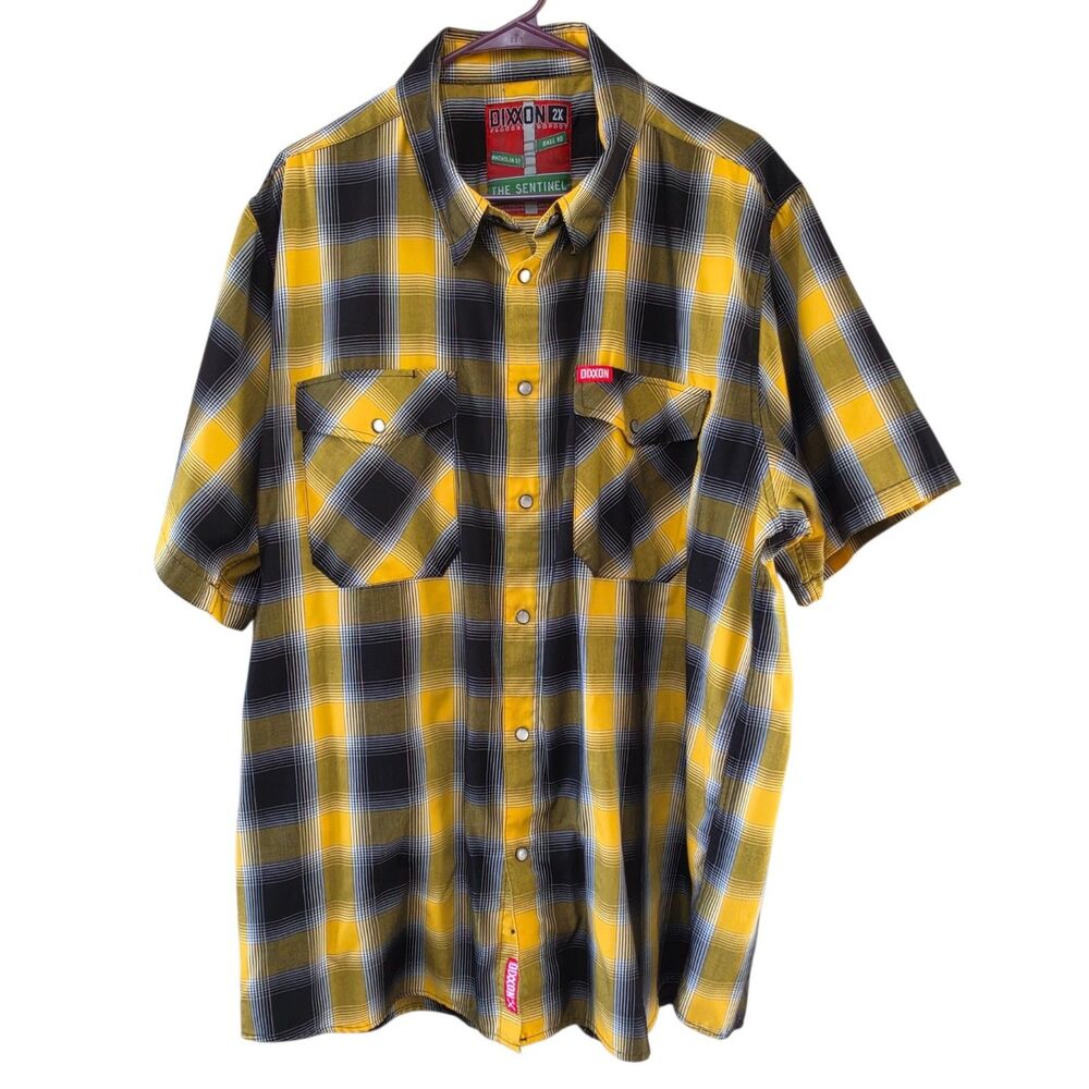 Dixxon Short Sleeved Bamboo Shirt 2X The Sentinel Gold Black Plaid Pearl Snap